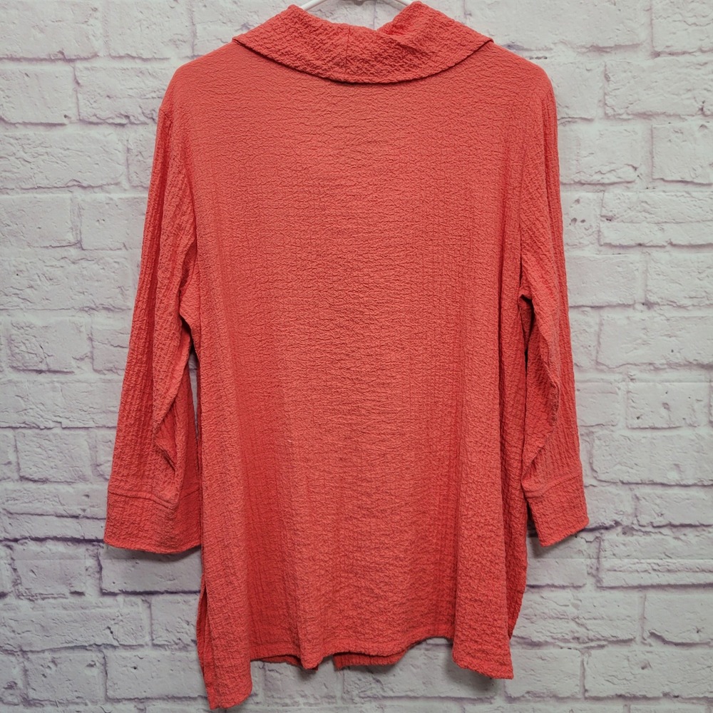 Ali Miles Cowl Neck Textured Coral Tunic Blouse L Lagenlook Coastal Boho Casual